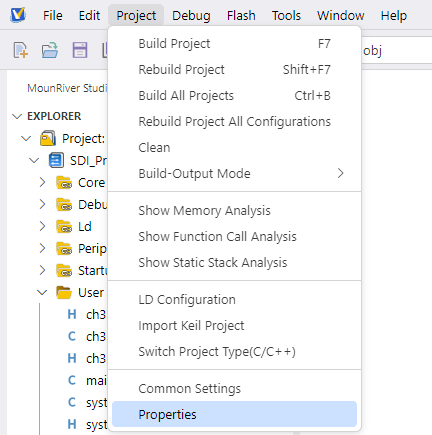 プロジェクトのプロパティを開く